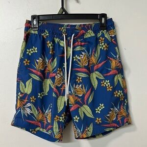 Blue Crown Tropical Floral Print Blue Swim Shorts